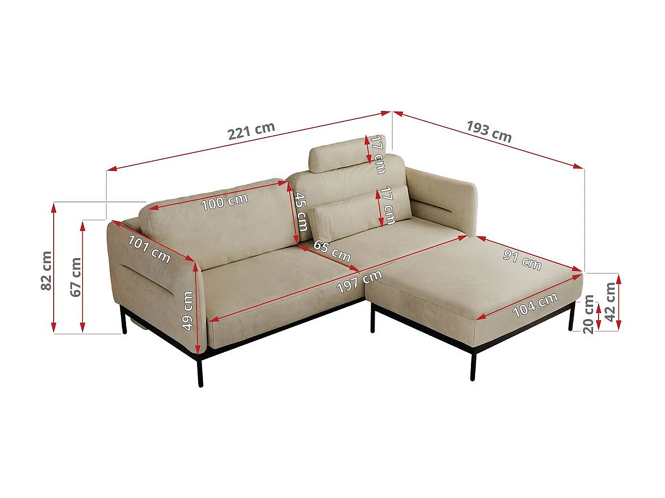 Ecksofa SALENTO - mit Metallbeine, Schlafsofa, mobilen Fußhocker, lose Kissen - Beige Velvet