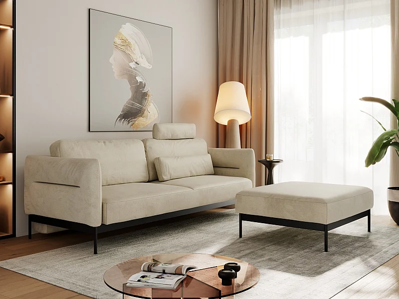 Ecksofa SALENTO - mit Metallbeine, Schlafsofa, mobilen Fußhocker, lose Kissen - Beige Velvet