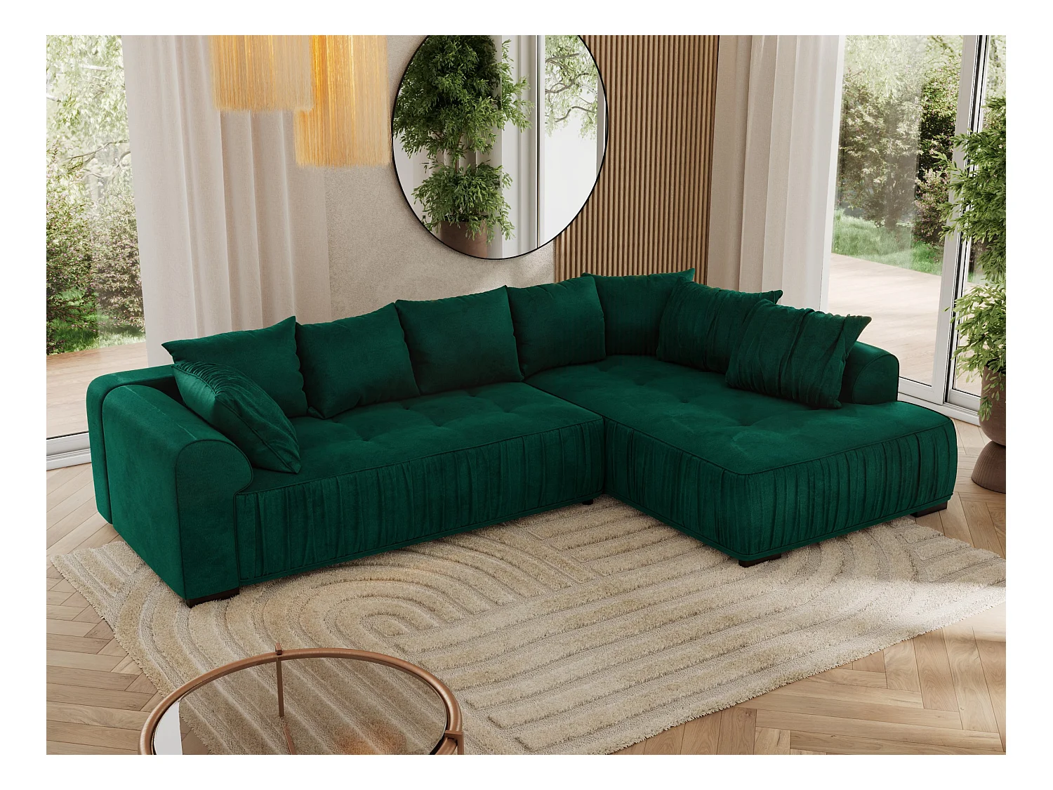 Ecksofa ORTA - Schlaffunktion und Bettkasten, lose Kissen, gesteppter Sitz, L-förmige Ecke - Dunkelgrün Velvet - Ecke Rechts