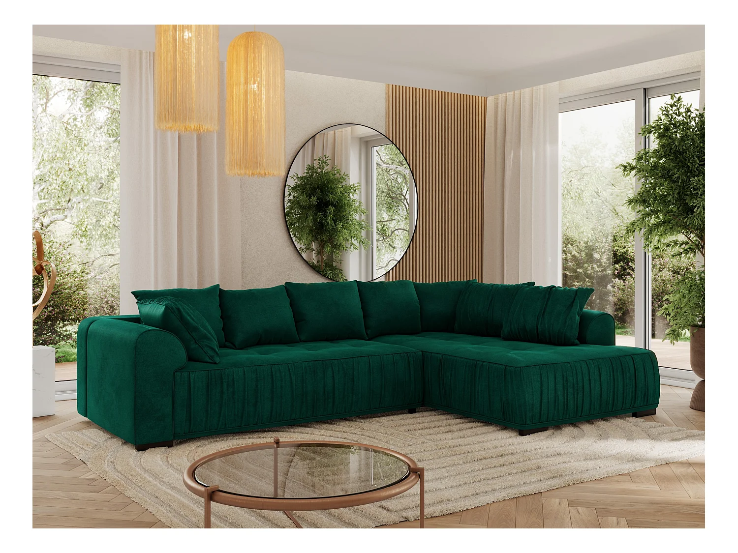 Ecksofa ORTA - Schlaffunktion und Bettkasten, lose Kissen, gesteppter Sitz, L-förmige Ecke - Dunkelgrün Velvet - Ecke Rechts