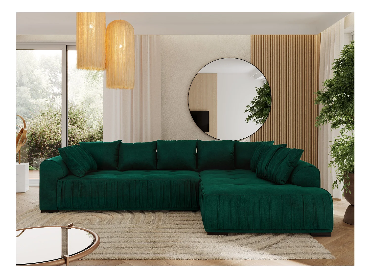 Ecksofa ORTA - Schlaffunktion und Bettkasten, lose Kissen, gesteppter Sitz, L-förmige Ecke - Dunkelgrün Velvet - Ecke Rechts