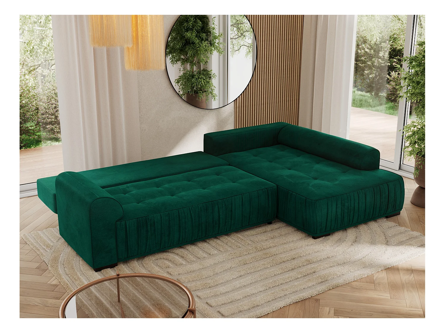 Ecksofa ORTA - Schlaffunktion und Bettkasten, lose Kissen, gesteppter Sitz, L-förmige Ecke - Dunkelgrün Velvet - Ecke Rechts