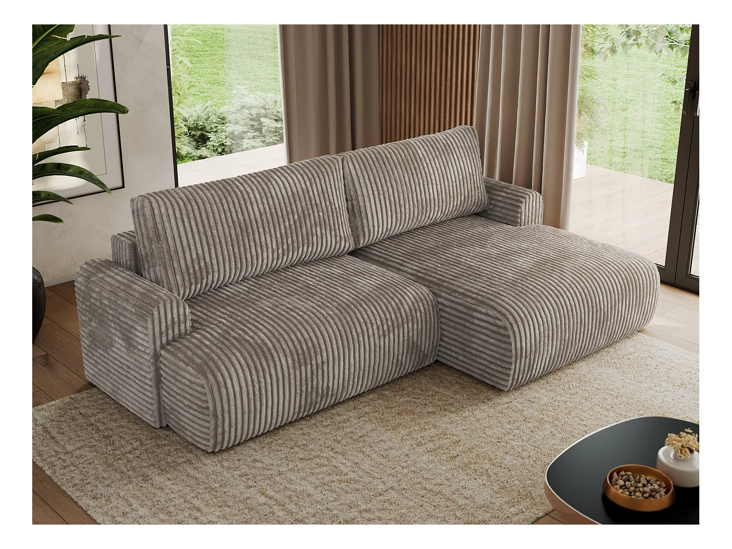 Ecksofa TONO - mit Schlaffunktion und Bettkasten, L-form Ecke, Armlehnen - Hellbraun Cord - Ecke Rechts