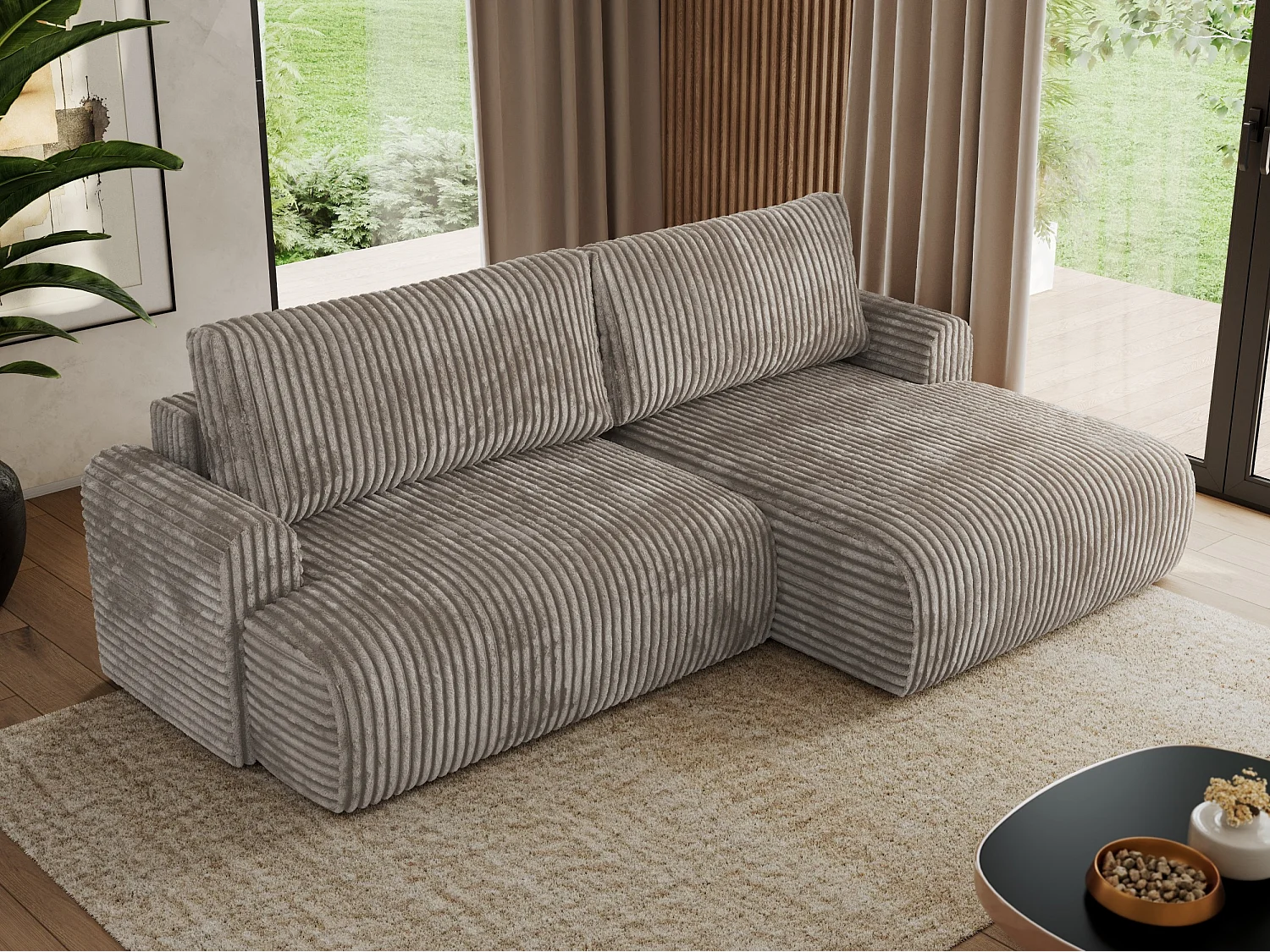 Ecksofa TONO - mit Schlaffunktion und Bettkasten, L-form Ecke, Armlehnen - Hellbraun Cord - Ecke Rechts