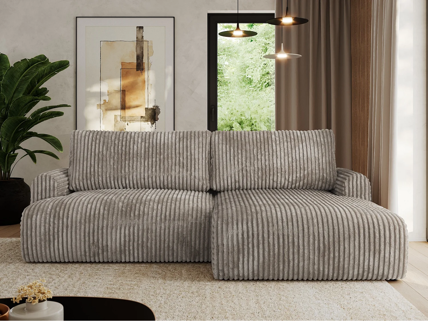 Ecksofa TONO - mit Schlaffunktion und Bettkasten, L-form Ecke, Armlehnen - Hellbraun Cord - Ecke Rechts