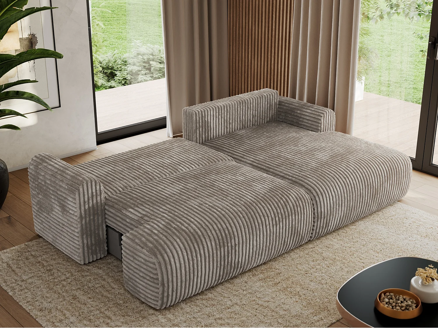 Ecksofa TONO - mit Schlaffunktion und Bettkasten, L-form Ecke, Armlehnen - Hellbraun Cord - Ecke Rechts