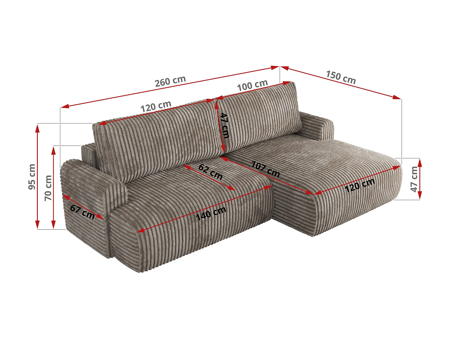 Ecksofa TONO - mit Schlaffunktion und Bettkasten, L-form Ecke, Armlehnen - Hellbraun Cord - Ecke Rechts