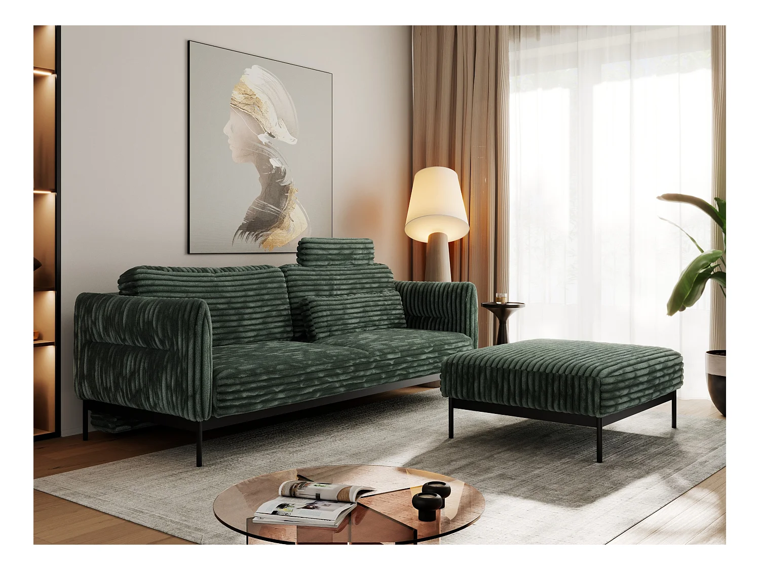 Ecksofa SALENTO - mit Metallbeine, Schlafsofa, mobilen Fußhocker, lose Kissen - Grün Cord
