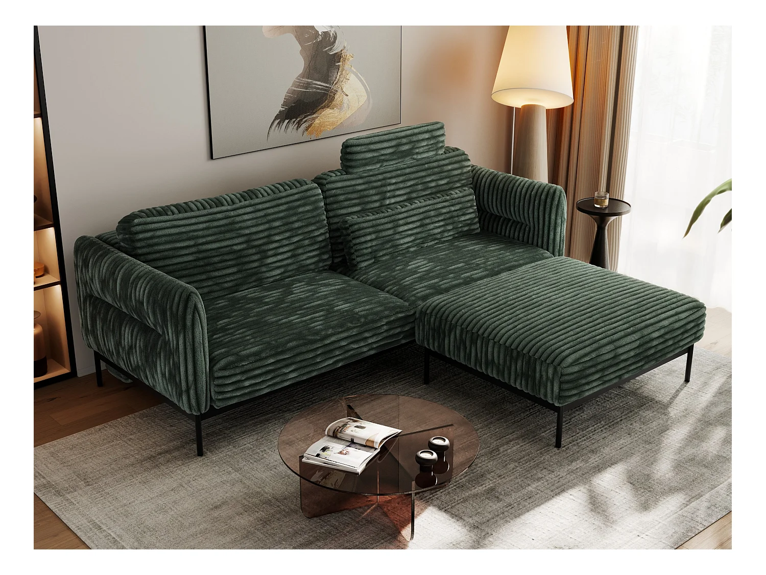 Ecksofa SALENTO - mit Metallbeine, Schlafsofa, mobilen Fußhocker, lose Kissen - Grün Cord
