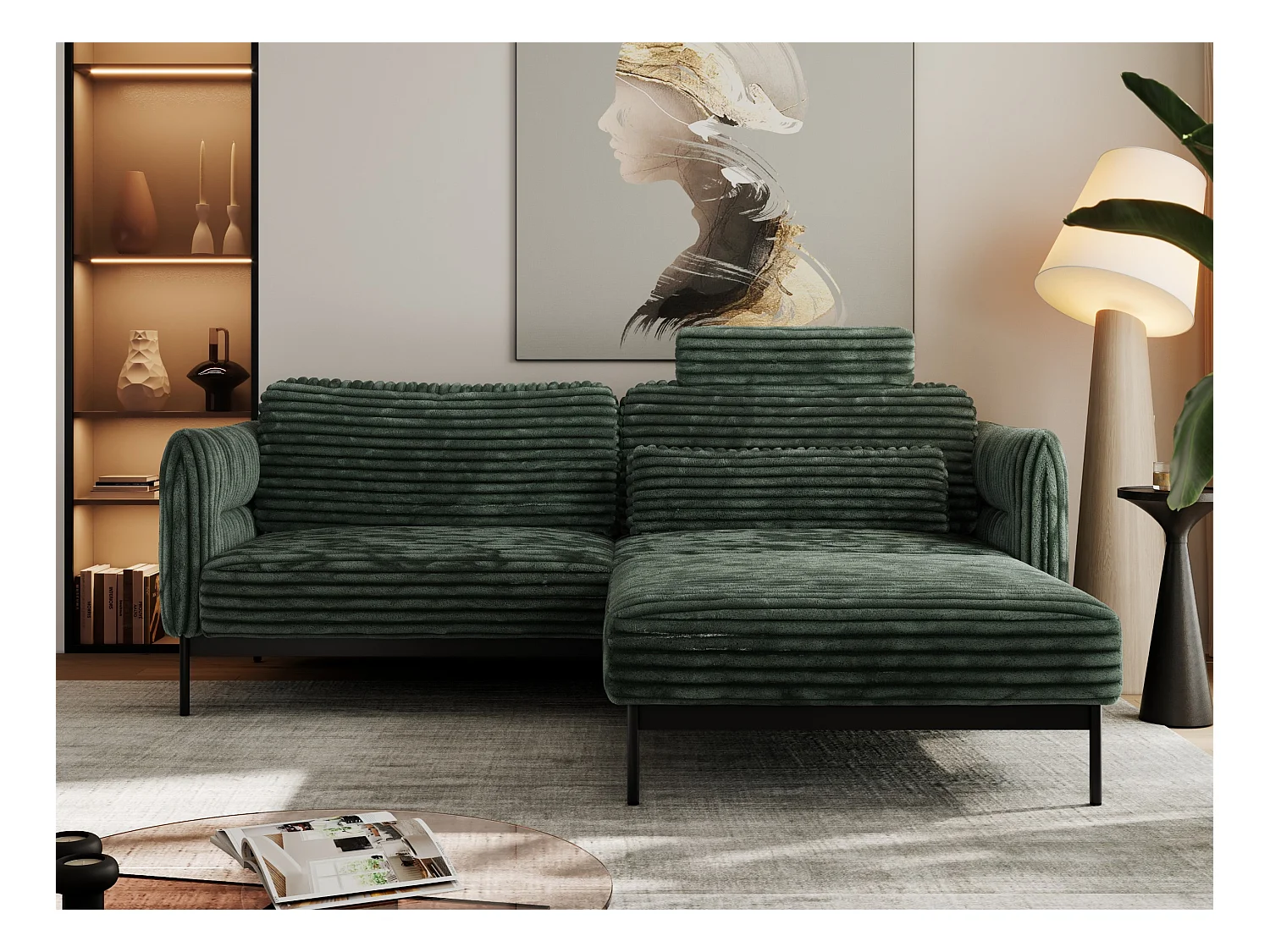 Ecksofa SALENTO - mit Metallbeine, Schlafsofa, mobilen Fußhocker, lose Kissen - Grün Cord