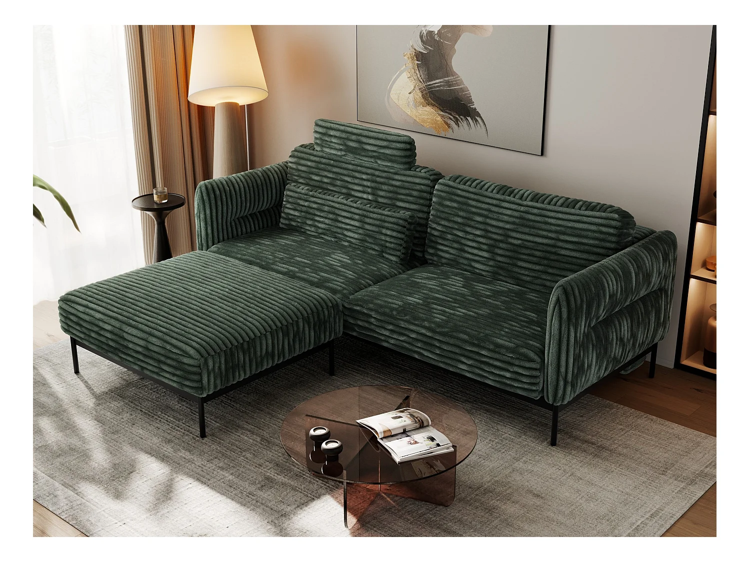 Ecksofa SALENTO - mit Metallbeine, Schlafsofa, mobilen Fußhocker, lose Kissen - Grün Cord