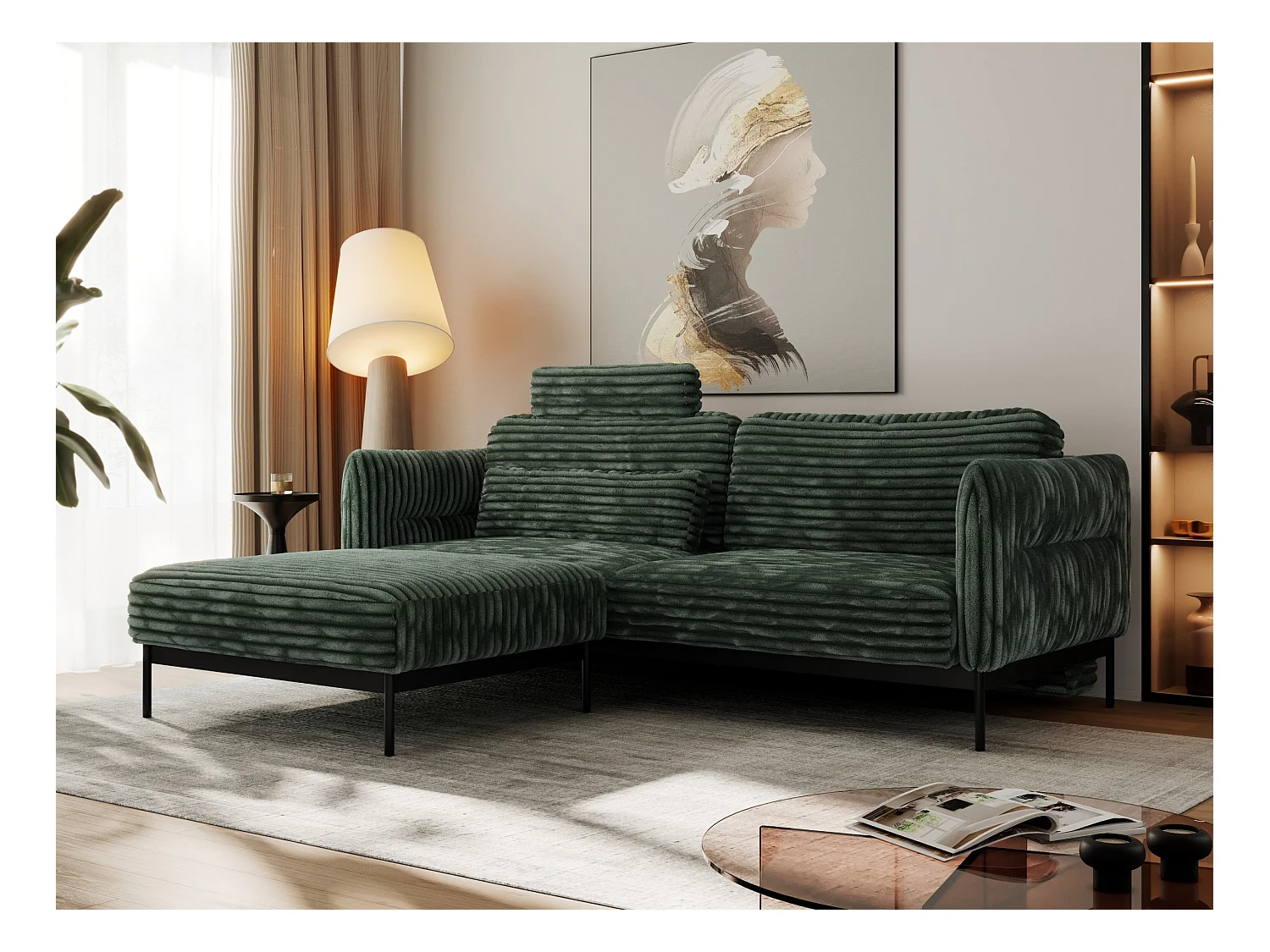 Ecksofa SALENTO - mit Metallbeine, Schlafsofa, mobilen Fußhocker, lose Kissen - Grün Cord