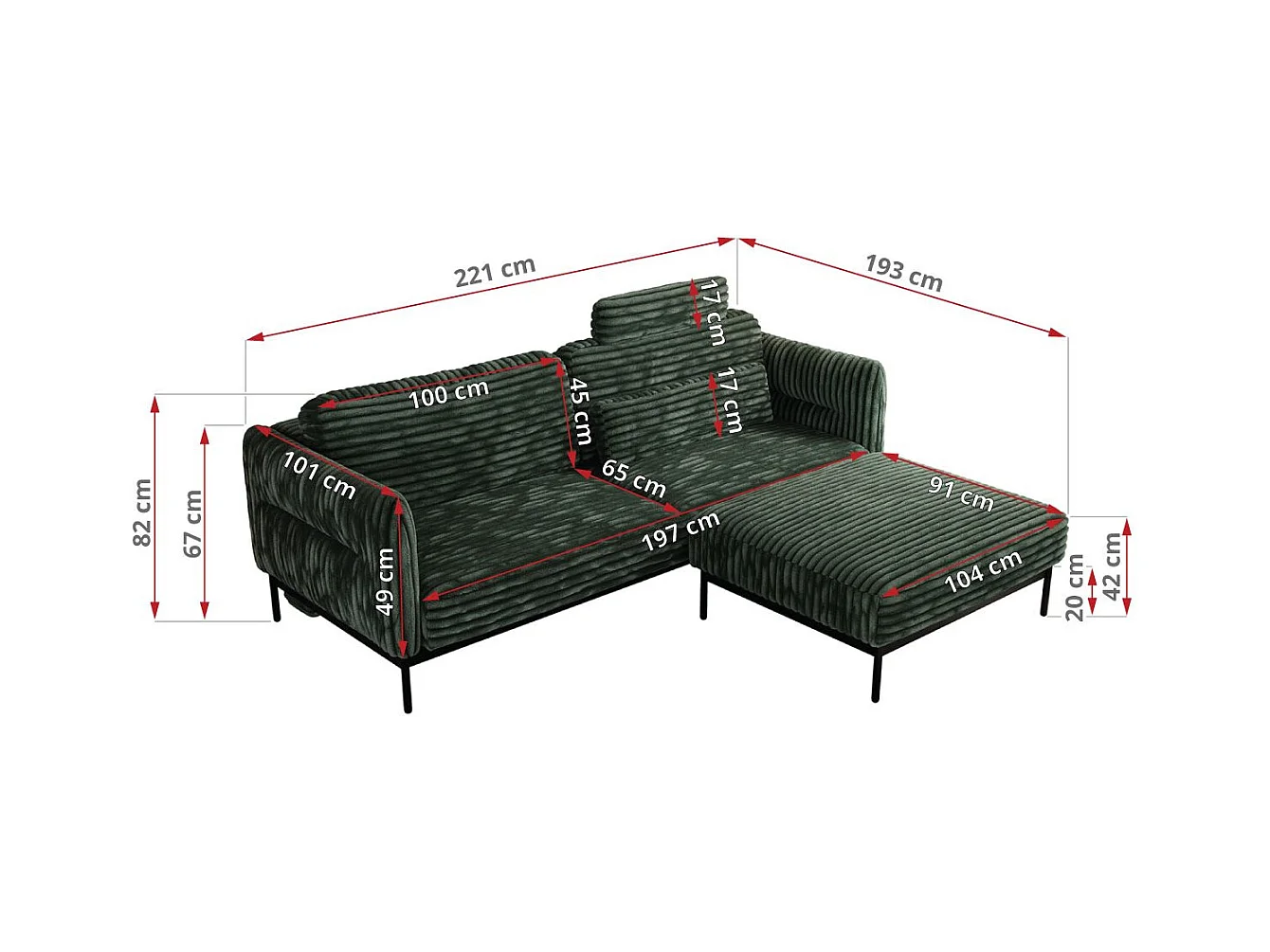 Ecksofa SALENTO - mit Metallbeine, Schlafsofa, mobilen Fußhocker, lose Kissen - Grün Cord