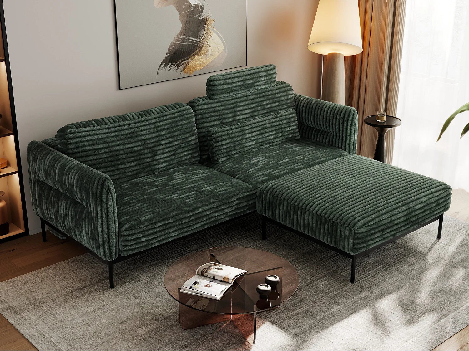 Ecksofa SALENTO - mit Metallbeine, Schlafsofa, mobilen Fußhocker, lose Kissen - Grün Cord