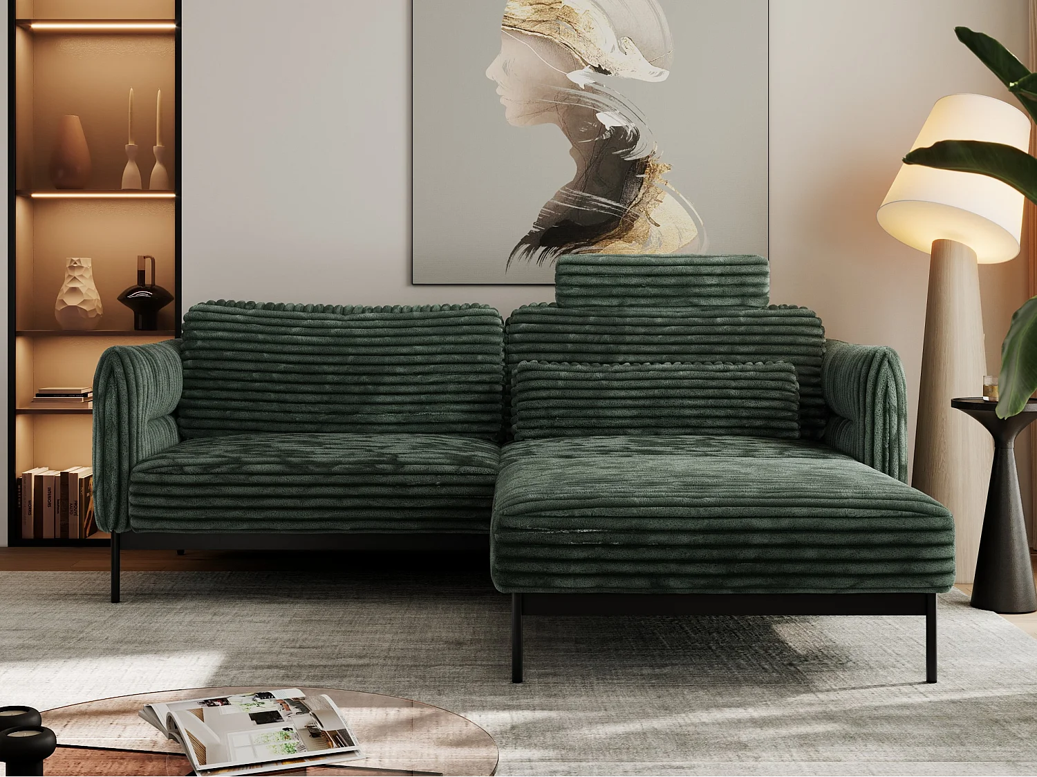 Ecksofa SALENTO - mit Metallbeine, Schlafsofa, mobilen Fußhocker, lose Kissen - Grün Cord