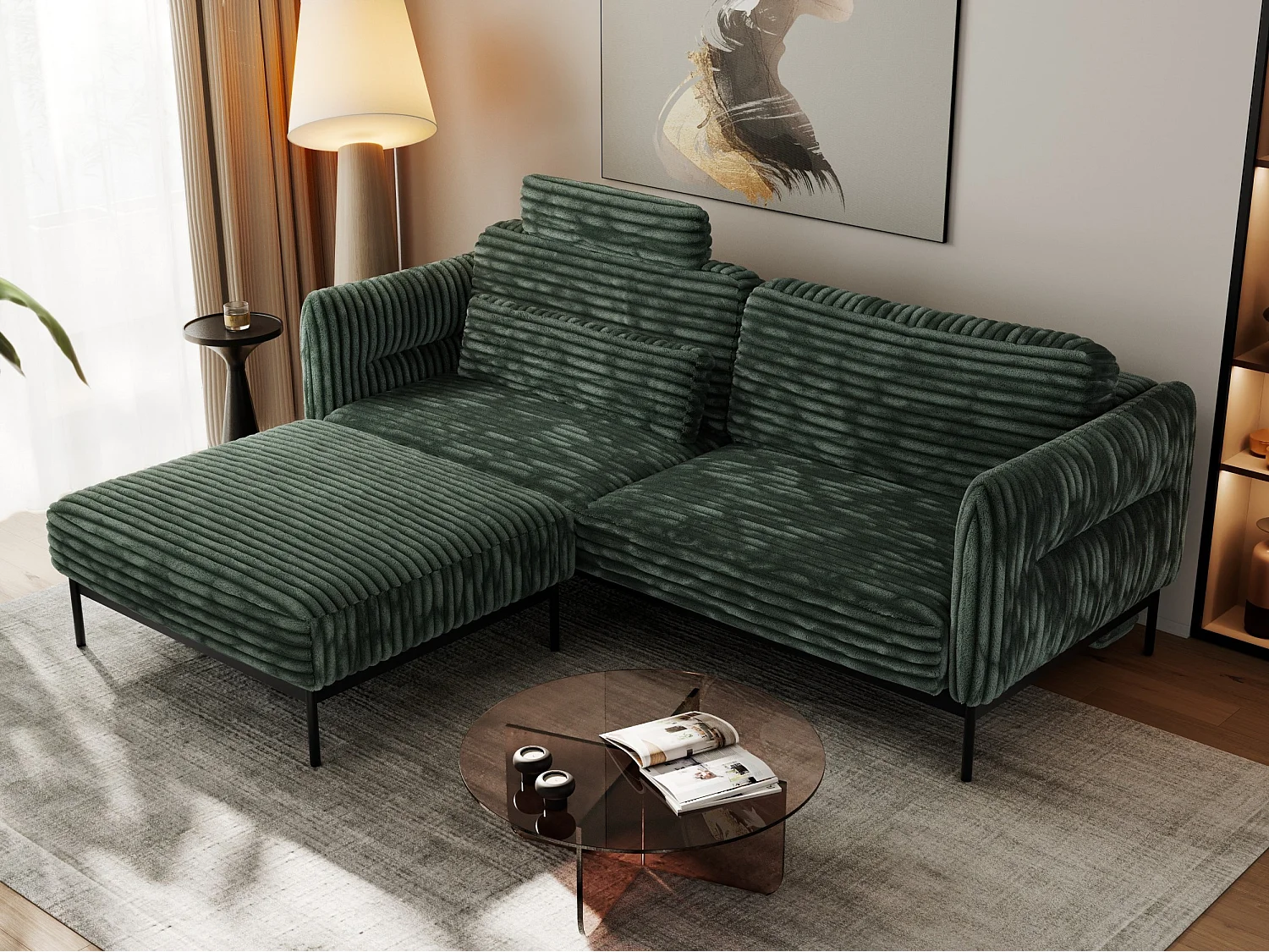 Ecksofa SALENTO - mit Metallbeine, Schlafsofa, mobilen Fußhocker, lose Kissen - Grün Cord