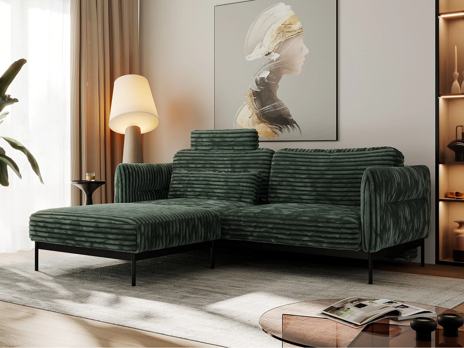 Ecksofa SALENTO - mit Metallbeine, Schlafsofa, mobilen Fußhocker, lose Kissen - Grün Cord