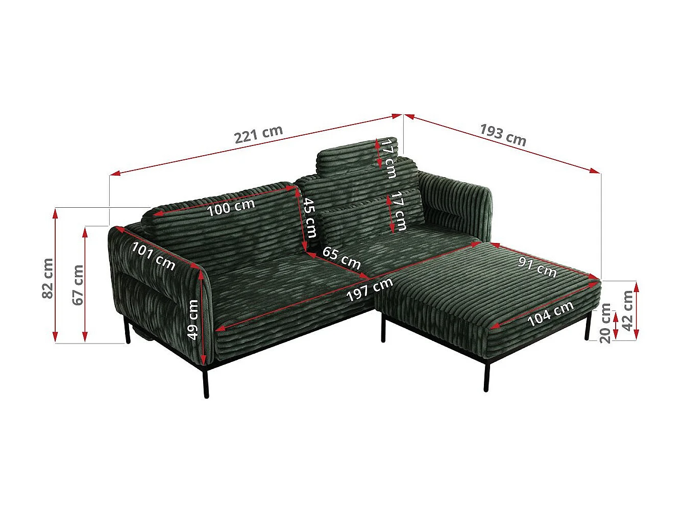 Ecksofa SALENTO - mit Metallbeine, Schlafsofa, mobilen Fußhocker, lose Kissen - Grün Cord