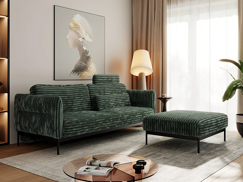 Ecksofa SALENTO - mit Metallbeine, Schlafsofa, mobilen Fußhocker, lose Kissen - Grün Cord