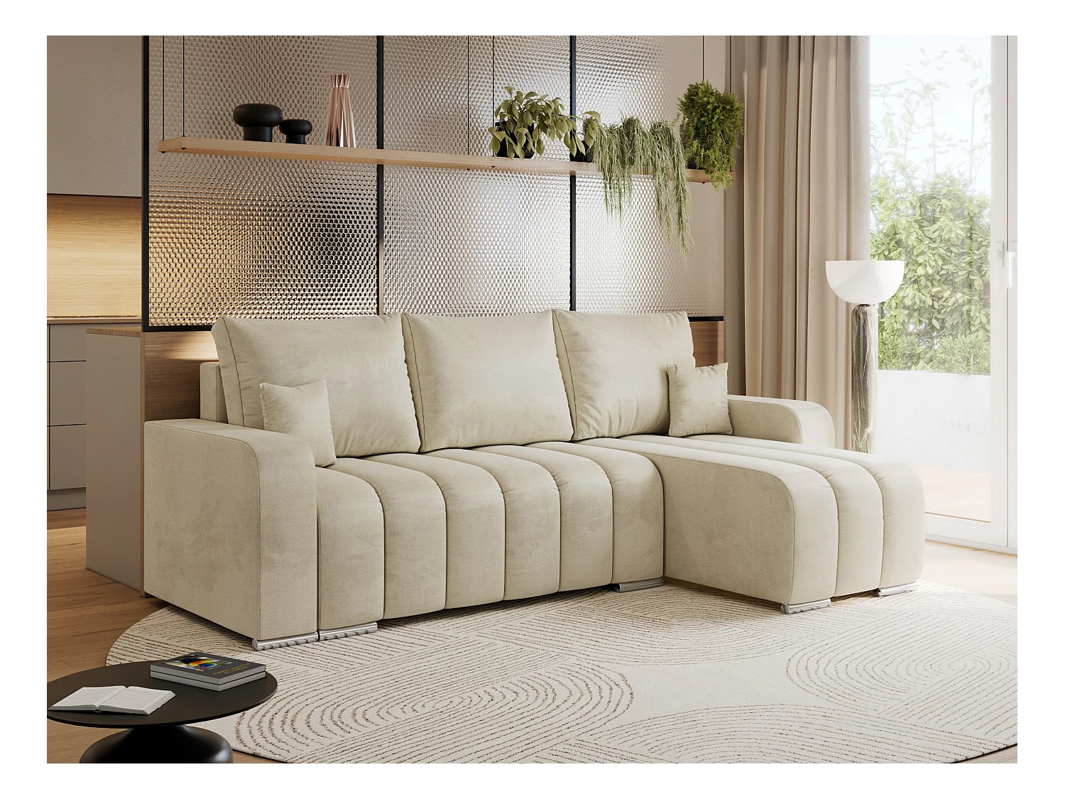 Ecksofa KIRASSO - universelles mit Schlaffunktion und Bettkasten, lose Kissen, Armlehnen - Beige Velvet