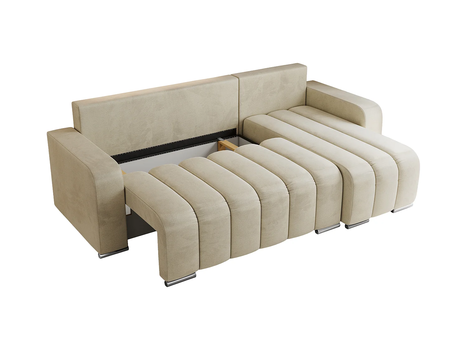 Ecksofa KIRASSO - universelles mit Schlaffunktion und Bettkasten, lose Kissen, Armlehnen - Beige Velvet
