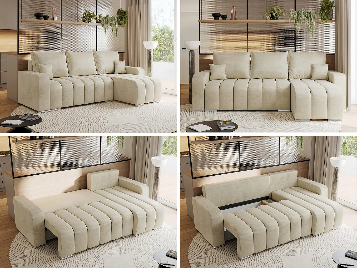Ecksofa KIRASSO - universelles mit Schlaffunktion und Bettkasten, lose Kissen, Armlehnen - Beige Velvet