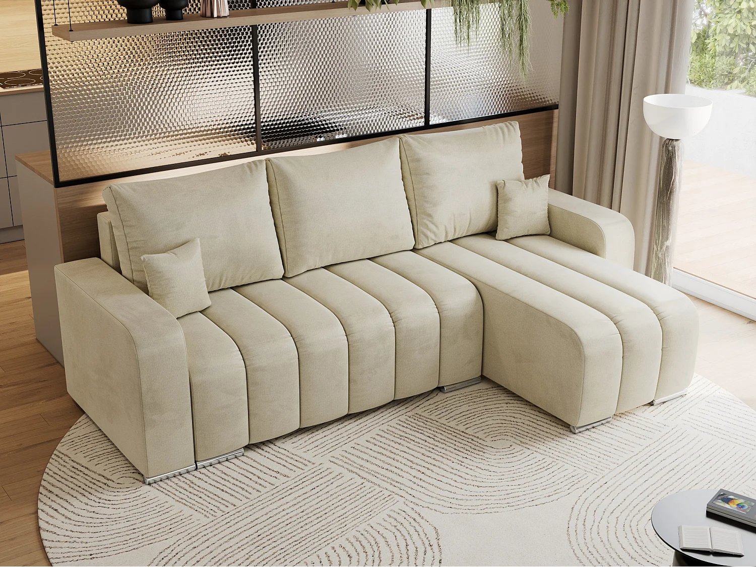Ecksofa KIRASSO - universelles mit Schlaffunktion und Bettkasten, lose Kissen, Armlehnen - Beige Velvet