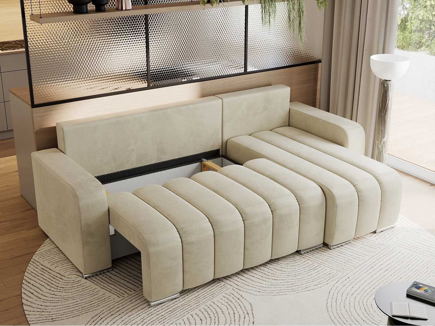 Ecksofa KIRASSO - universelles mit Schlaffunktion und Bettkasten, lose Kissen, Armlehnen - Beige Velvet
