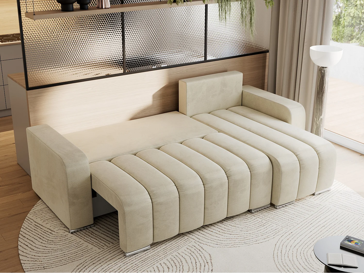 Ecksofa KIRASSO - universelles mit Schlaffunktion und Bettkasten, lose Kissen, Armlehnen - Beige Velvet