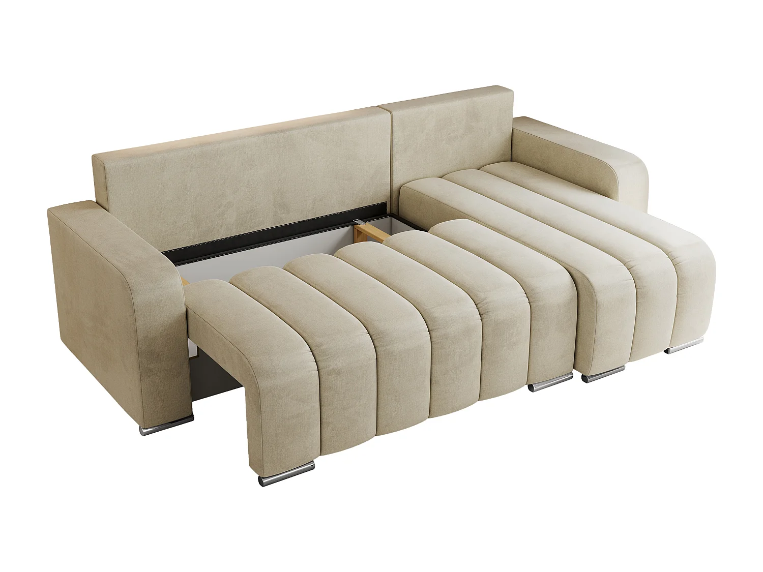 Ecksofa KIRASSO - universelles mit Schlaffunktion und Bettkasten, lose Kissen, Armlehnen - Beige Velvet