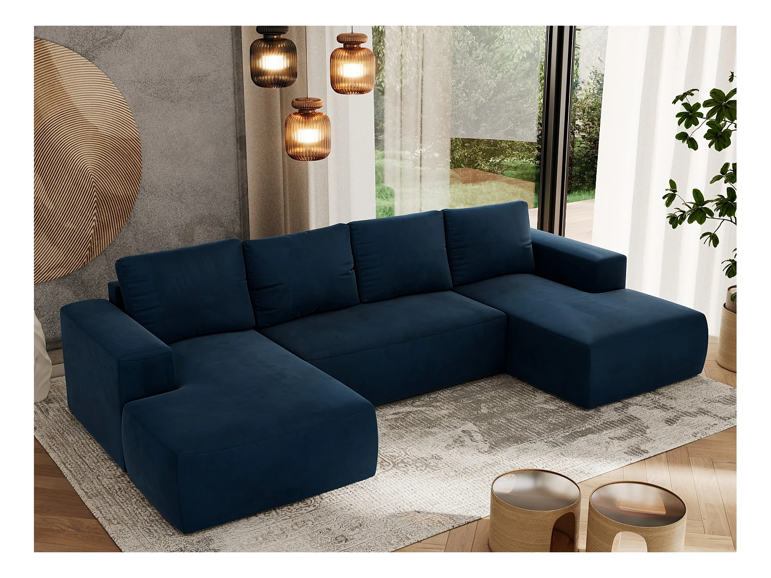 Ecksofa TRENTINO U - mit Schlaffunktion und Bettkasten, U-förmiges Wohnlandschaft, Armlehnen - Dunkelblau Velvet