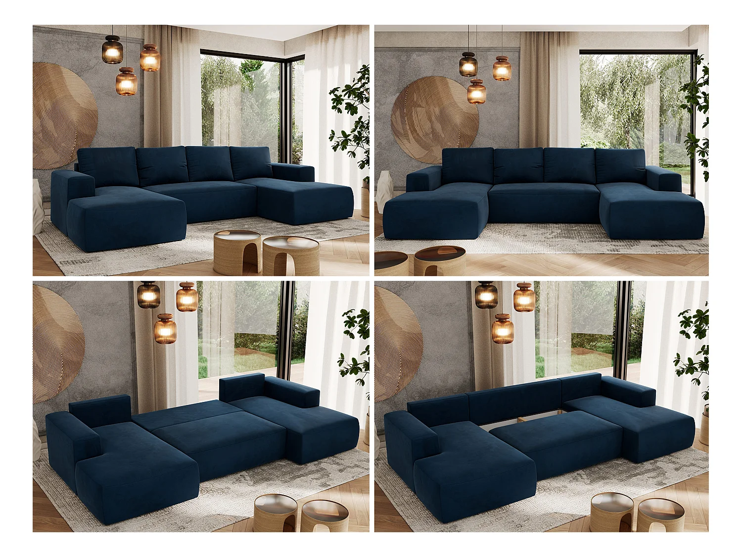 Ecksofa TRENTINO U - mit Schlaffunktion und Bettkasten, U-förmiges Wohnlandschaft, Armlehnen - Dunkelblau Velvet