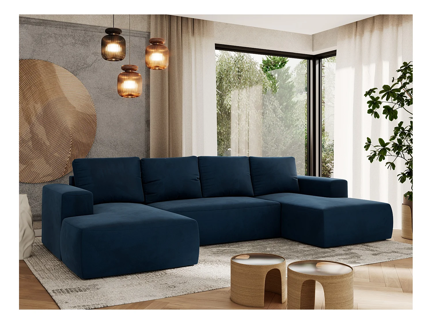 Ecksofa TRENTINO U - mit Schlaffunktion und Bettkasten, U-förmiges Wohnlandschaft, Armlehnen - Dunkelblau Velvet