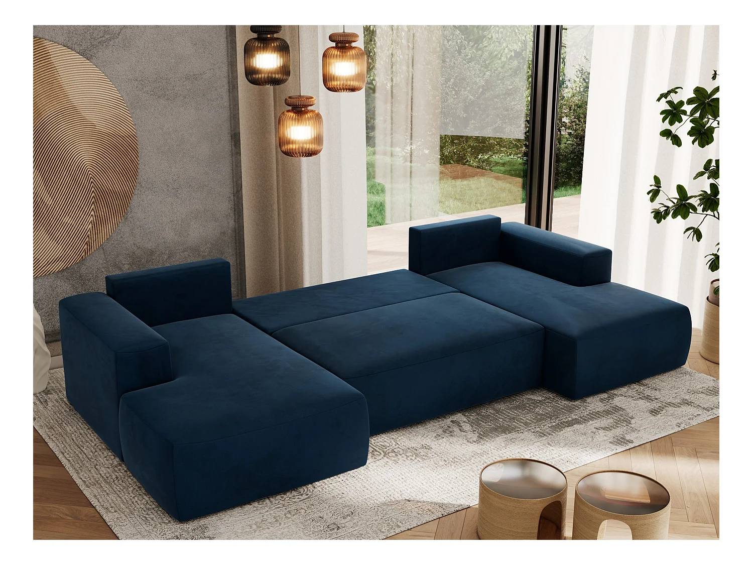 Ecksofa TRENTINO U - mit Schlaffunktion und Bettkasten, U-förmiges Wohnlandschaft, Armlehnen - Dunkelblau Velvet
