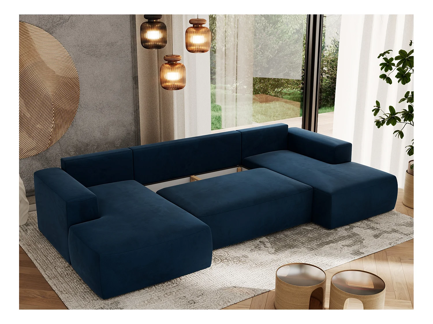 Ecksofa TRENTINO U - mit Schlaffunktion und Bettkasten, U-förmiges Wohnlandschaft, Armlehnen - Dunkelblau Velvet