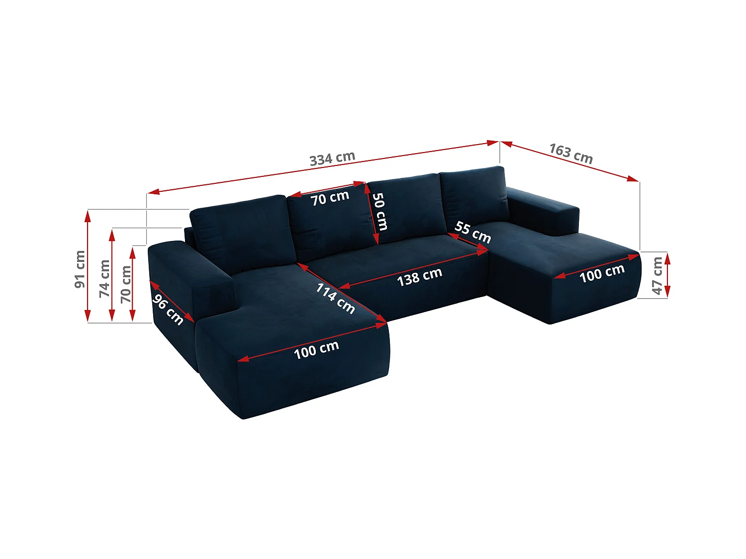 Ecksofa TRENTINO U - mit Schlaffunktion und Bettkasten, U-förmiges Wohnlandschaft, Armlehnen - Dunkelblau Velvet