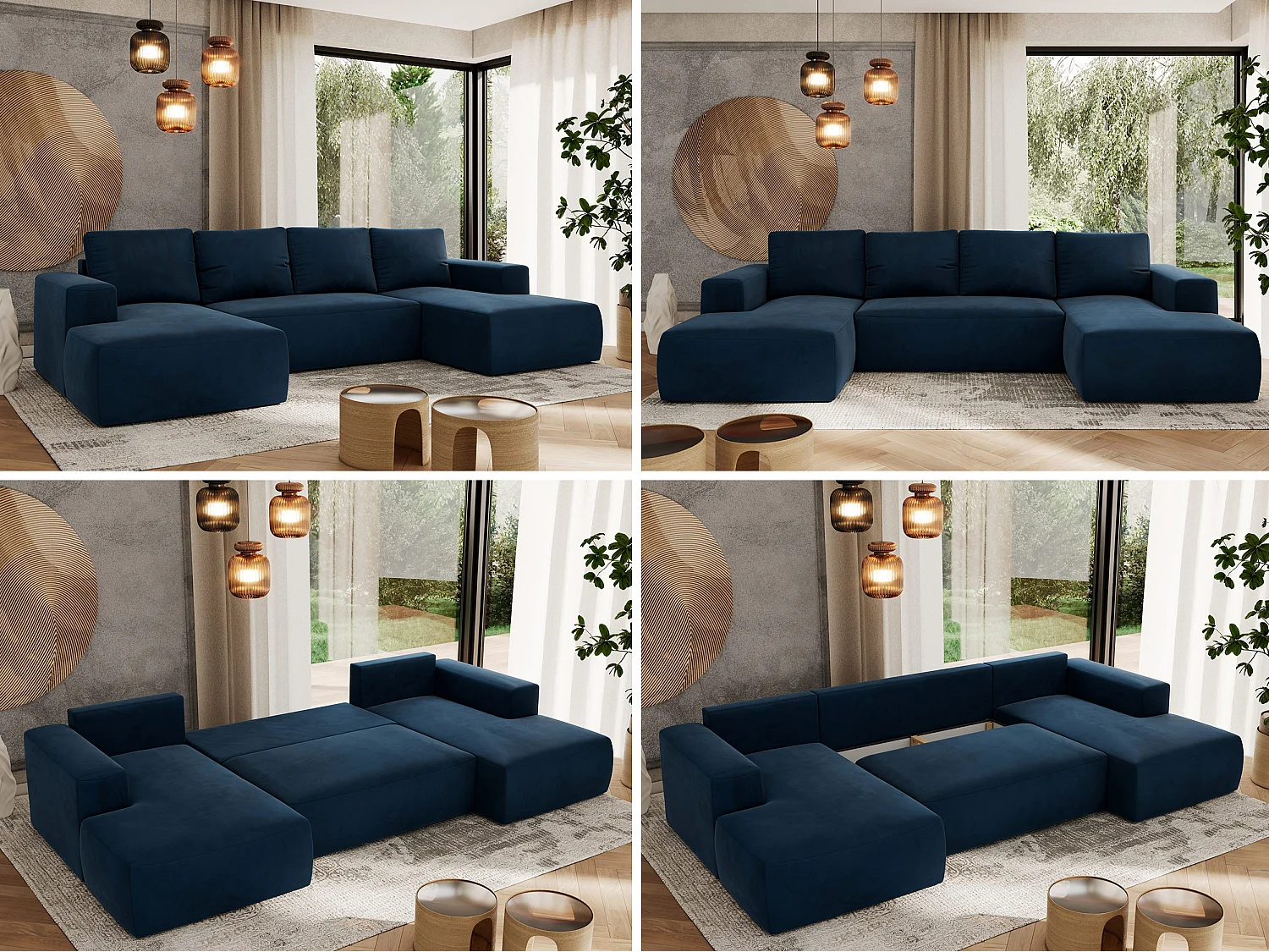 Ecksofa TRENTINO U - mit Schlaffunktion und Bettkasten, U-förmiges Wohnlandschaft, Armlehnen - Dunkelblau Velvet