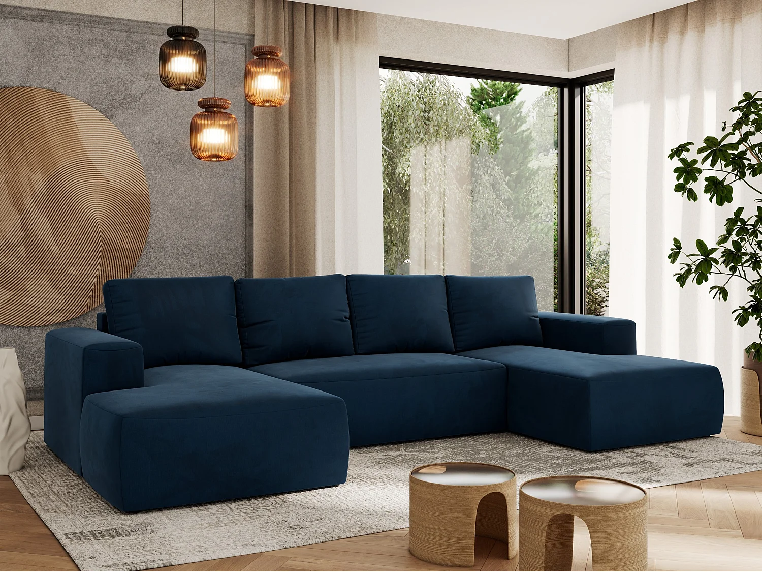 Ecksofa TRENTINO U - mit Schlaffunktion und Bettkasten, U-förmiges Wohnlandschaft, Armlehnen - Dunkelblau Velvet