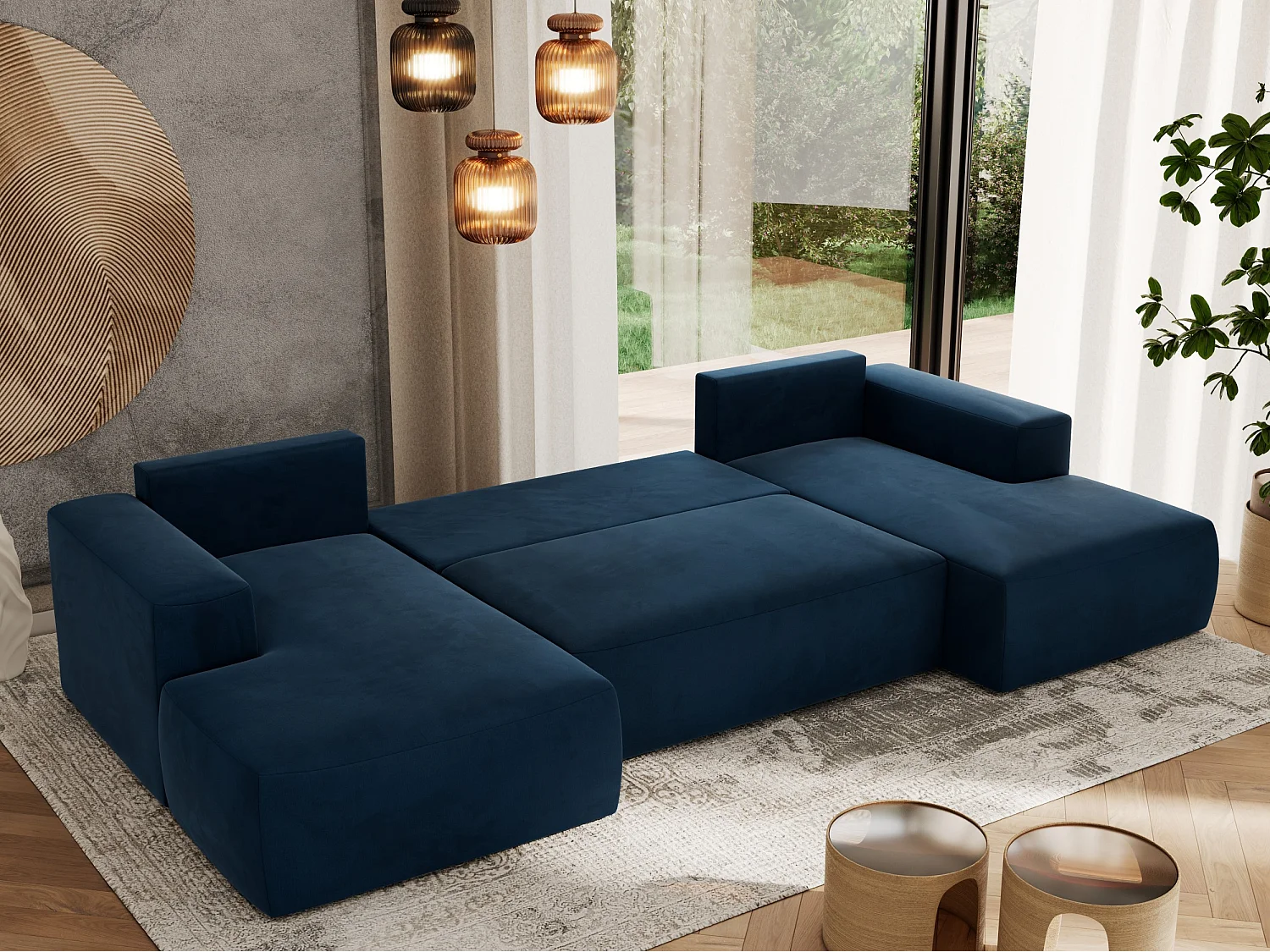 Ecksofa TRENTINO U - mit Schlaffunktion und Bettkasten, U-förmiges Wohnlandschaft, Armlehnen - Dunkelblau Velvet