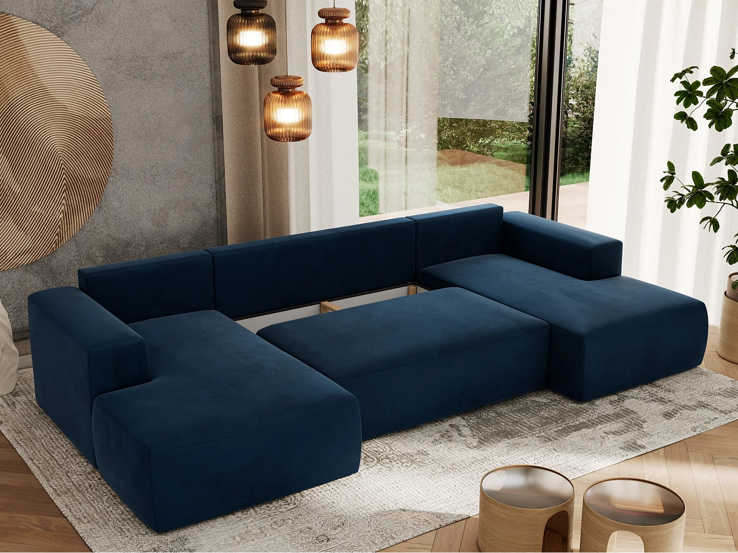 Ecksofa TRENTINO U - mit Schlaffunktion und Bettkasten, U-förmiges Wohnlandschaft, Armlehnen - Dunkelblau Velvet