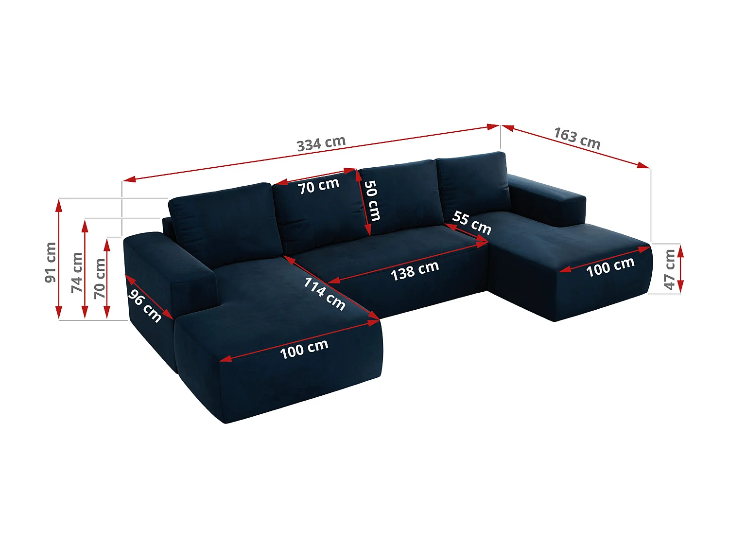 Ecksofa TRENTINO U - mit Schlaffunktion und Bettkasten, U-förmiges Wohnlandschaft, Armlehnen - Dunkelblau Velvet