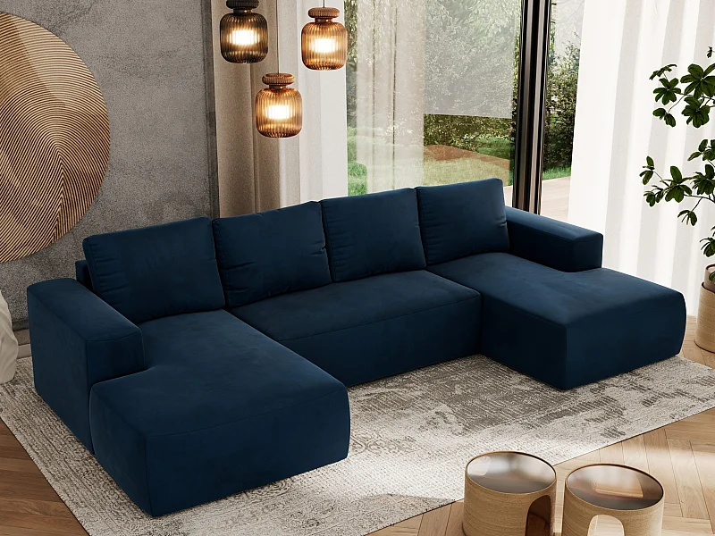 Ecksofa TRENTINO U - mit Schlaffunktion und Bettkasten, U-förmiges Wohnlandschaft, Armlehnen - Dunkelblau Velvet