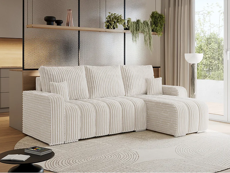 Ecksofa KIRASSO - universelles mit Schlaffunktion und Bettkasten, lose Kissen, Armlehnen - Beige Cord