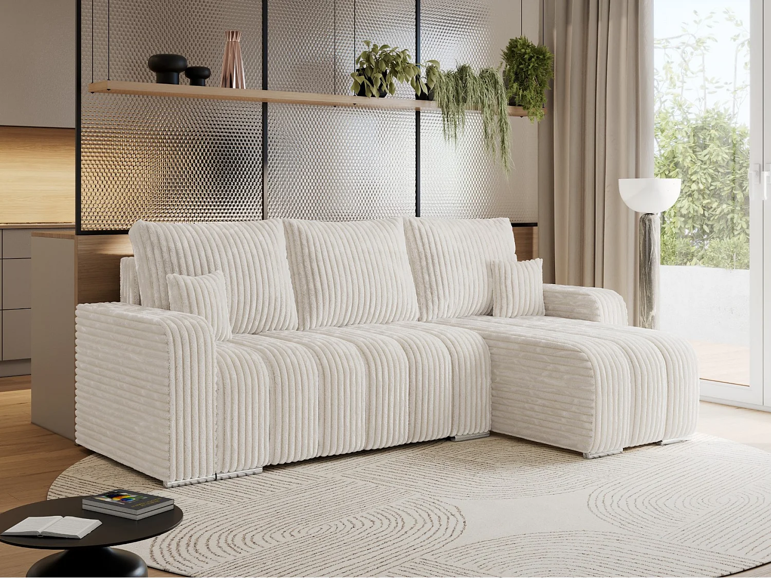 Ecksofa KIRASSO - universelles mit Schlaffunktion und Bettkasten, lose Kissen, Armlehnen - Beige Cord