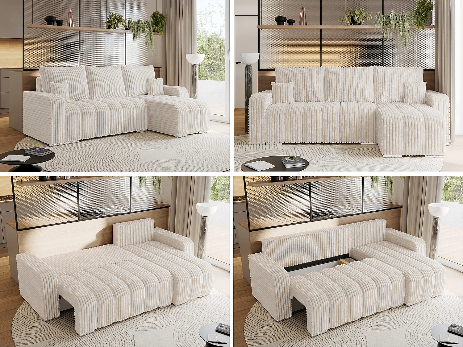 Ecksofa KIRASSO - universelles mit Schlaffunktion und Bettkasten, lose Kissen, Armlehnen - Beige Cord