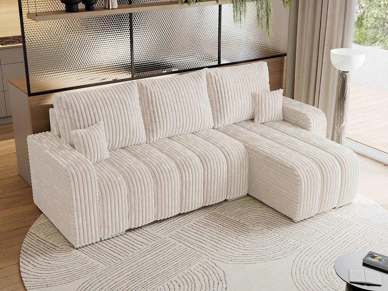 Ecksofa KIRASSO - universelles mit Schlaffunktion und Bettkasten, lose Kissen, Armlehnen - Beige Cord