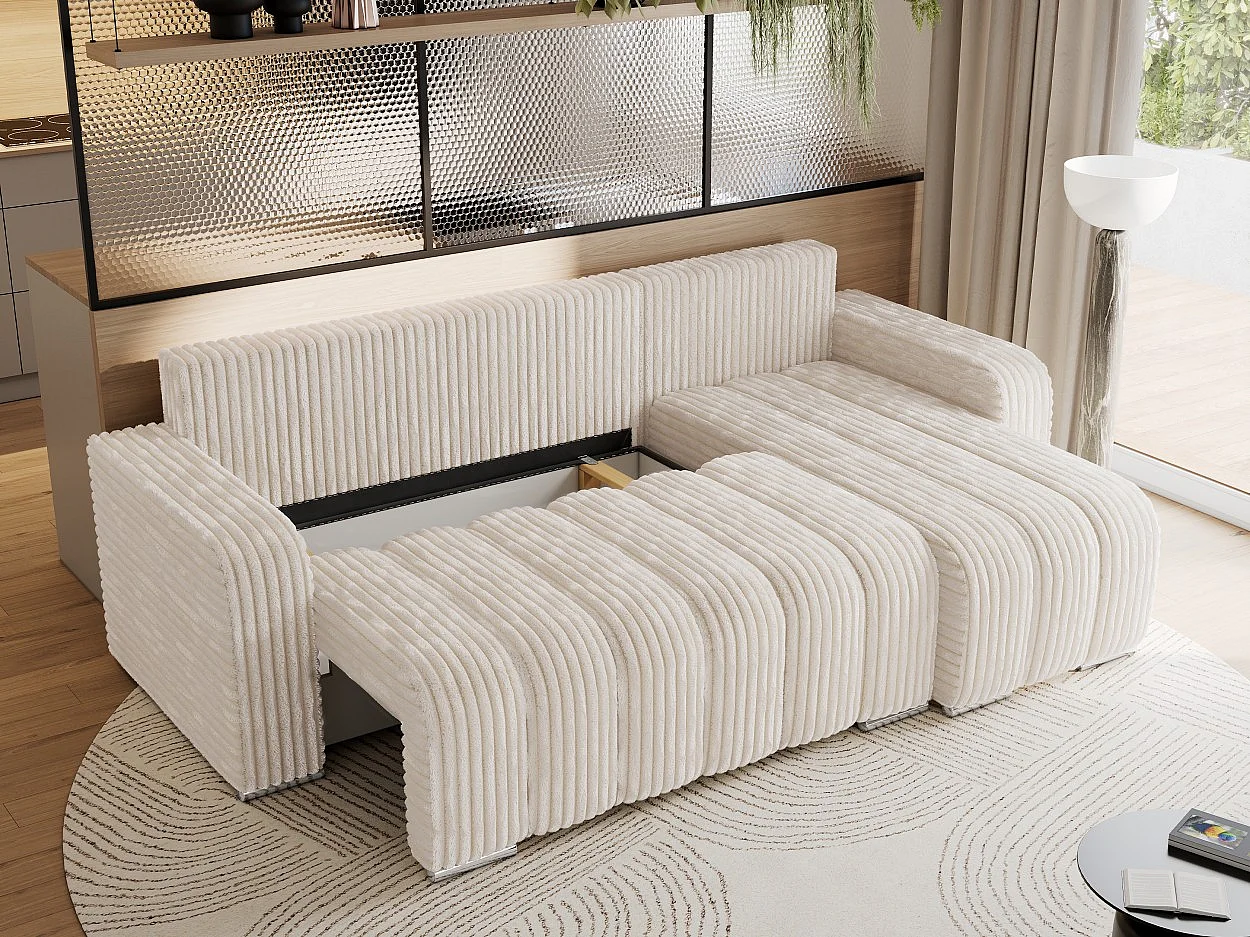 Ecksofa KIRASSO - universelles mit Schlaffunktion und Bettkasten, lose Kissen, Armlehnen - Beige Cord