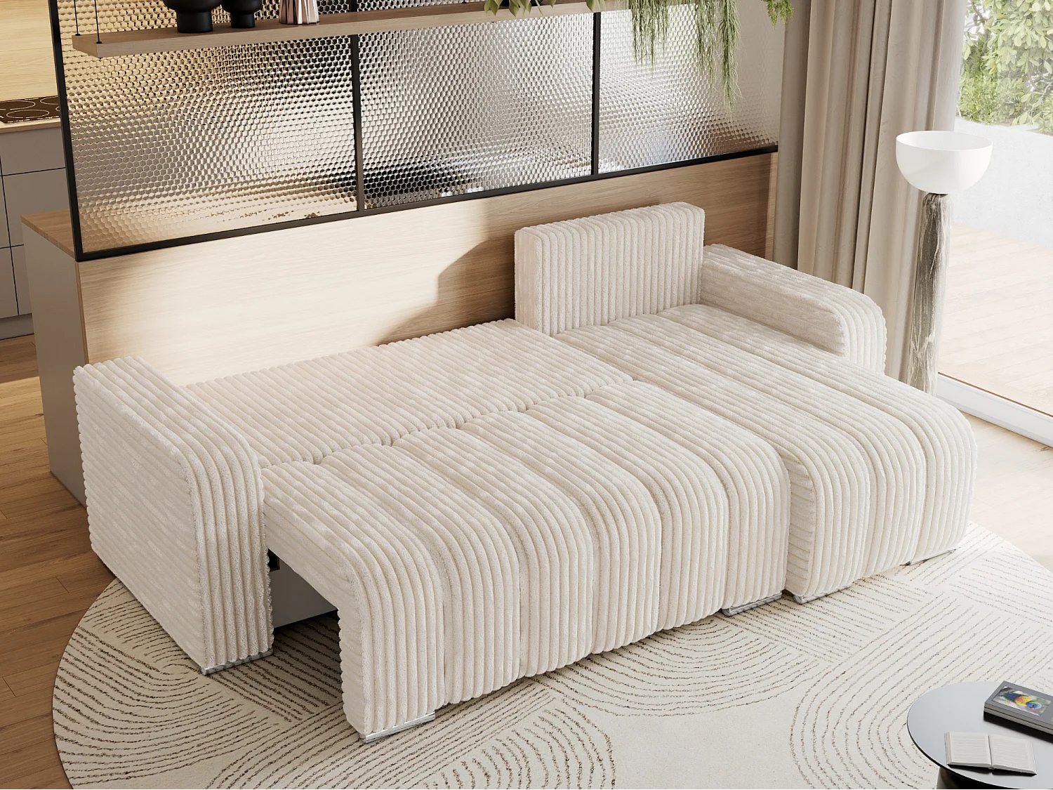 Ecksofa KIRASSO - universelles mit Schlaffunktion und Bettkasten, lose Kissen, Armlehnen - Beige Cord