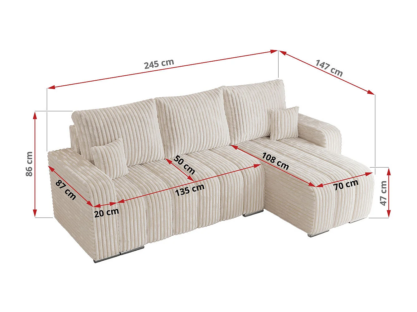 Ecksofa KIRASSO - universelles mit Schlaffunktion und Bettkasten, lose Kissen, Armlehnen - Beige Cord