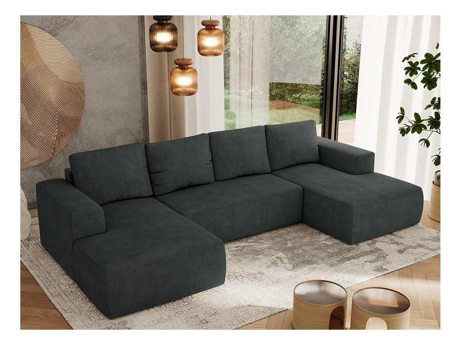 Ecksofa TRENTINO U - mit Schlaffunktion und Bettkasten, U-förmiges Wohnlandschaft, Armlehnen - Dunkelgrau Strukture
